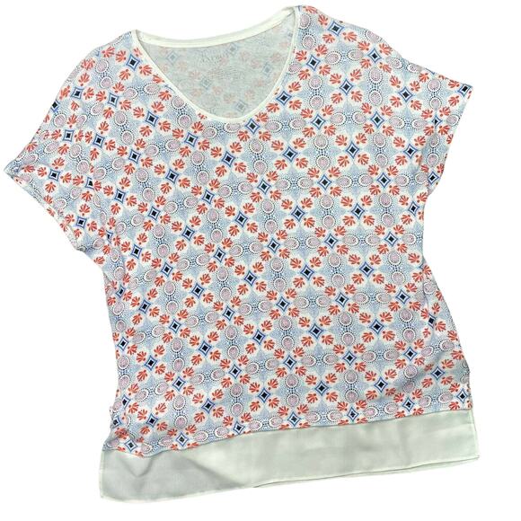 TALBOTS | sz S Women's White/Blue/Orange Medallion Short Sleeve Chiffon Hem Tee - Picture 1 of 6